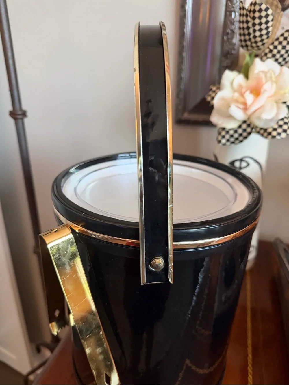 MCM Classic Black Patent Vinyl Ice Bucket with Gold Hardware